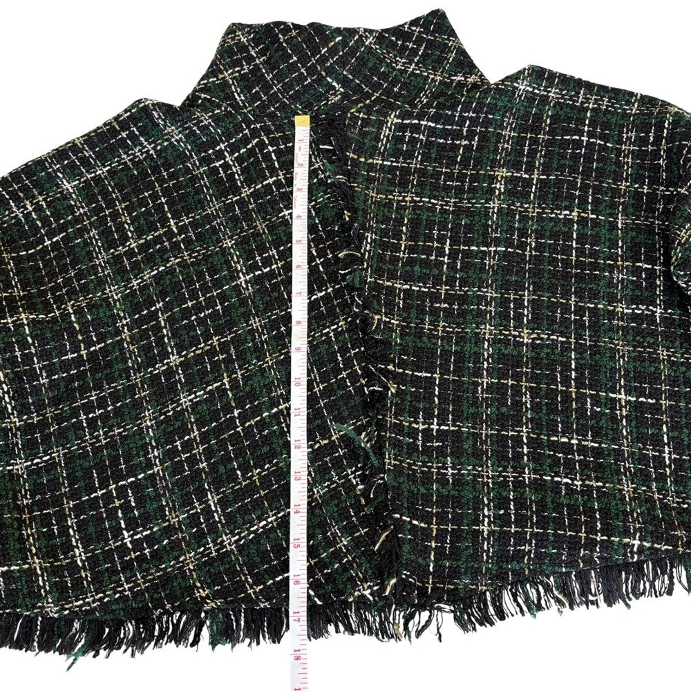 Zara Black Green Plaid Tweed Cropped Sweater Top Fringe Sz M - Picture 8 of 10